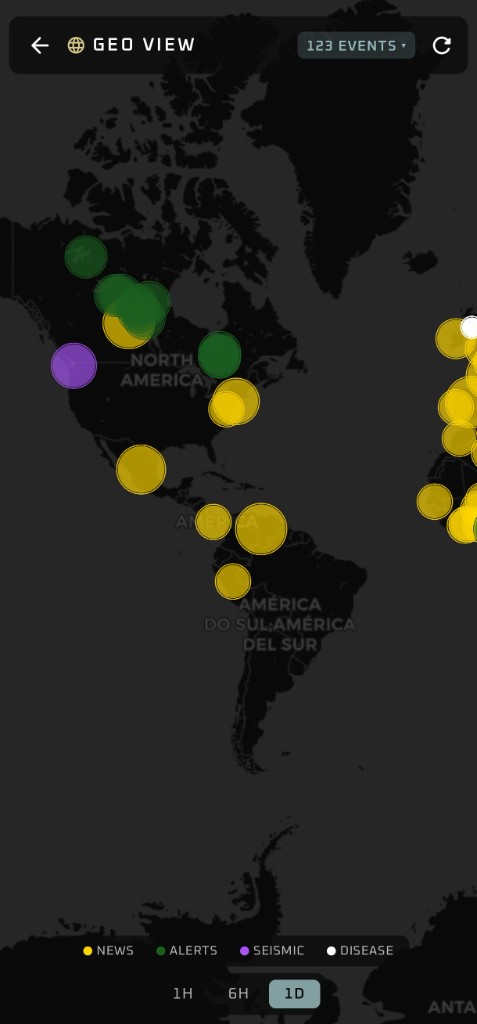 The Geonetiq app: a dark, tactical news feed with source activity bars, a live world map of trending regions, and breaking-news alerts.